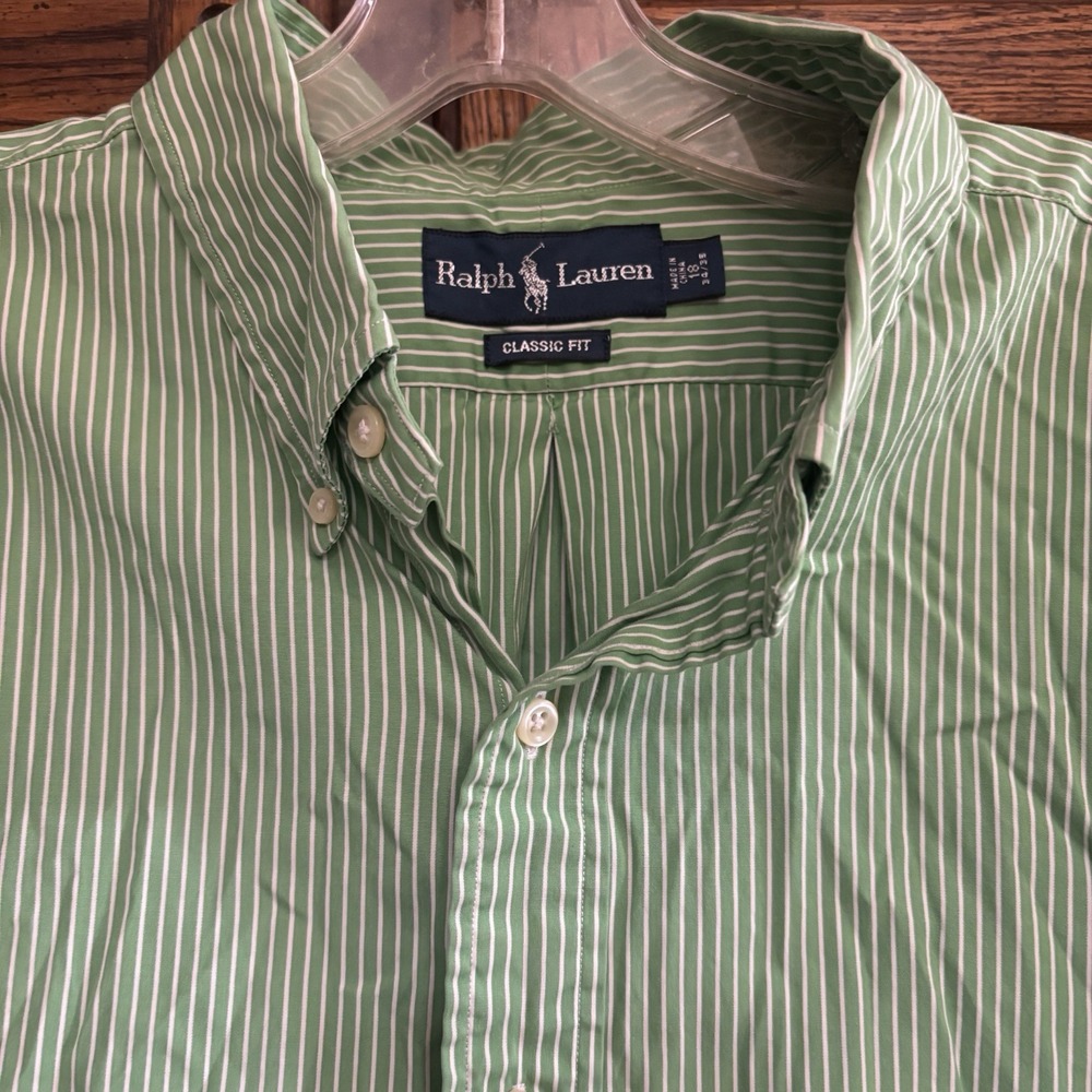 Ralph Lauren Men's‎  Long Sleeve Shirt Size 18 34/35 Classic Fit Green Stripe - Picture 6 of 6
